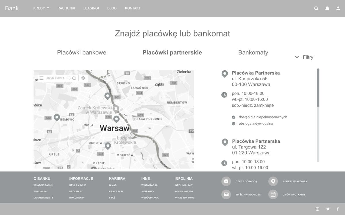 Hi-fidelity wireframe showing the main ATM search screen with map view